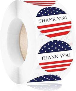 Detailed macro view of American flag pattern thank you stickers in a roll