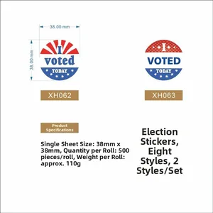 Détail des autocollants I Voted Today 38mm avec dimensions et rouleau de 500 pièces