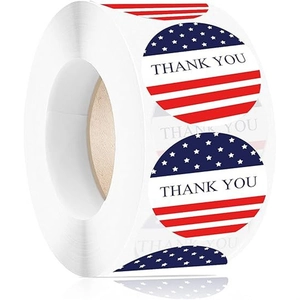 Roll of round US flag stickers with white stars, red stripes, and Thank You text
