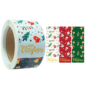 Detail of Christmas gift seal stickers featuring festive trees and snowmen in three colors