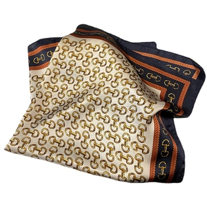 70x70 square silk scarf with classic horsebit pattern and elegant navy blue border