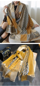 Detail of color-block houndstooth shawl with tassels in yellow, gray and beige