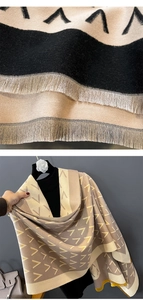 Detail of high-density knit scarf featuring yellow V-pattern and fine fringe edges