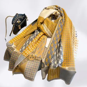 British style houndstooth cashmere shawl scarf with tassel edge in yellow and grey