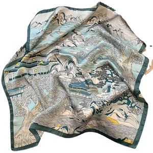 Elegant satin silk square scarf featuring traditional green mountain landscape painting