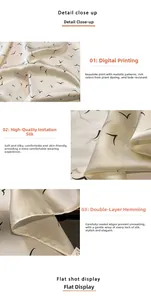 Detail of silk-like scarf with bird print, digital printing and double-stitched edges