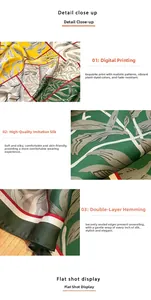 Detail of digital floral print on silk-like scarf with durable double-stitched edges