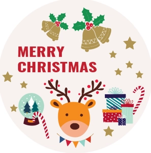 Detail of Christmas sticker roll featuring reindeer and festive patterns like bells and stars