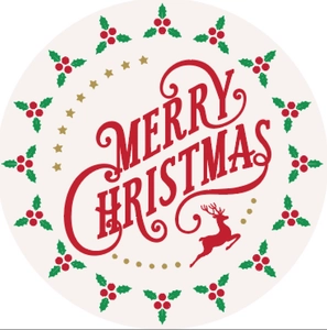 Detail of a round Merry Christmas sticker with reindeer silhouette and holly wreath pattern