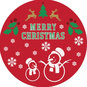 Detail of round Merry Christmas sticker with reindeer, snowmen and holly on red background