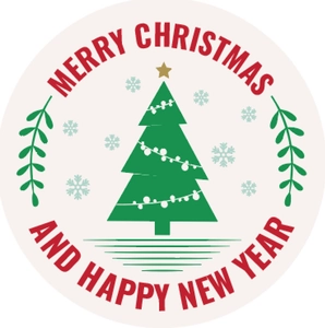 Macro view of a circular Merry Christmas sticker label with tree and snowflake icons