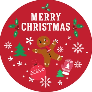 Close-up of Merry Christmas sticker featuring a cute gingerbread man and festive icons