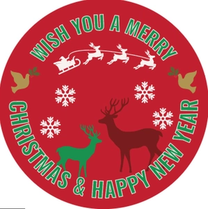 Red Merry Christmas sticker roll featuring Santa, reindeer, and festive gold greetings