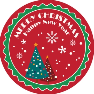 Close-up of circular Merry Christmas stickers featuring festive green trees and red borders