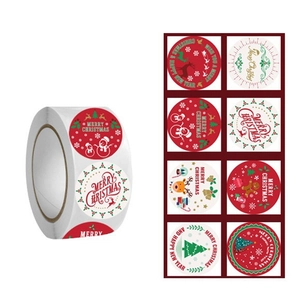 Merry Christmas Round Stickers Self Adhesive Labels Holiday Gift Packaging Decoration Cartoon Animal Santa Snowman Patterns Festive Stationery