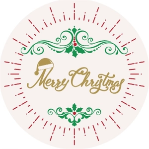 Round Merry Christmas sticker with gold text and red green festive decorative patterns