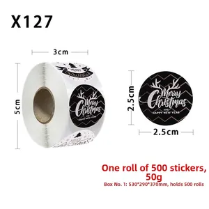 Detail view of 500-count Christmas stickers with gold reindeer design on black round labels