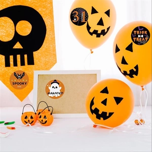 Close-up of Halloween decorative stickers on balloons and frames for party scene decoration