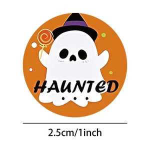 2.5cm Halloween ghost sticker with purple wizard hat and Haunted text on orange background