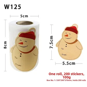 Detailed view of Christmas snowman kraft stickers on roll with To and From writing area
