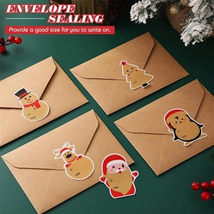 Detail of Christmas adhesive gift labels with cartoon icons on kraft envelopes