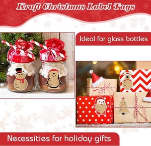 Detail of Christmas Kraft labels on glass bottles and gift boxes with To From writing area