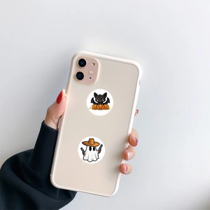 White iPhone 11 silicone case with festive Halloween pumpkin and ghost print motifs