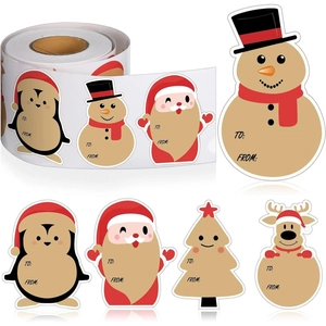 Christmas kraft gift stickers roll with Santa, penguin, and reindeer cartoon labels