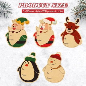 Set of 200 Christmas gift tags featuring Santa, reindeer, and snowman on kraft paper
