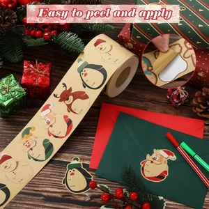 Christmas Kraft paper gift tags roll with Santa, penguin, and reindeer festive stickers