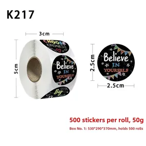 Detail showing 2.5cm black round motivational sticker roll with Believe in Yourself text