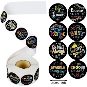 Detail of 1-inch motivational reward stickers showing 2.5cm round labels with 8 colorful designs
