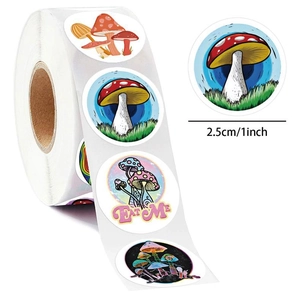 Detailed view of 2.5cm mushroom-themed stickers roll for creative gift box sealing