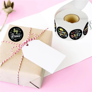 Inspirational round cartoon reward stickers with motivational English phrases for gift boxes