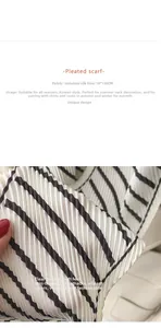 Detail of 10x130cm black and white striped pleated silk-feel scarf with fine texture