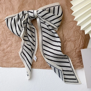 Women Pleated Skinny Scarf Fashion Striped Neckerchief Elegant Polyester Long Hair Band Bag Accessory