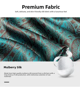 Detailed macro view of 100% mulberry silk fabric with vintage paisley pattern in teal and brown