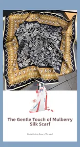 Detailed texture of pure mulberry silk scarf with gold paisley and floral pattern print