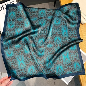 Elegant silk satin square scarf with vintage turquoise pattern and navy blue borders