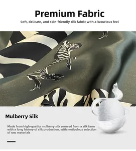 Detailed view of mulberry silk scarf with green zebra print and striped pattern