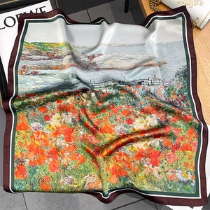 Seidenschal im Ölgemälde-Stil mit Mohnblumenmuster und Rollsaum für Damen, 70cm Quadrat