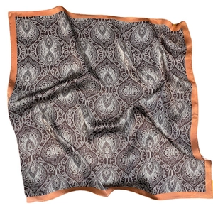 Classic floral pattern silk square scarf with vintage brown motifs and orange border