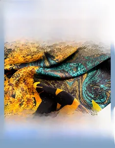 Detailed view of the abstract yellow and green print on a 65cm mulberry silk scarf fabric