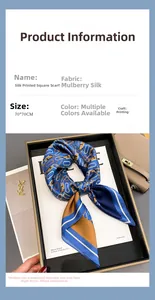 Detail view of 70x70cm mulberry silk printed square scarf with product specifications