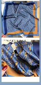 Detail of square silk scarf with gold chain pattern and dark blue satin border
