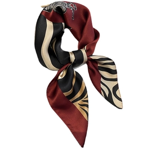 Silk square scarf with zebra pattern and animal prints in red, black and beige colors