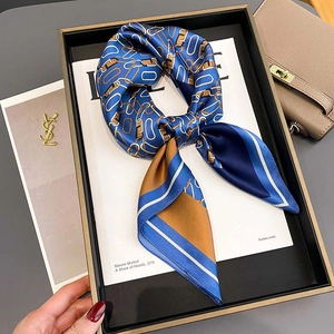 Elegant Mulberry Silk Twill Square Scarf For Women Retro Chain Print Fashion Silk Scarf Neck Wrap Decorative Hair Band Scarf