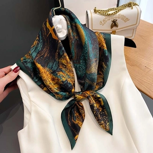 Artistic retro oil painting silk scarf with dark green hem tied on a white sleeveless top
