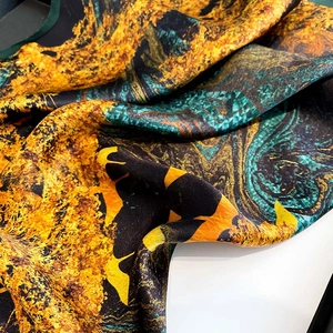 Vintage gold and blue silk square scarf with Starry Night artistic oil painting print