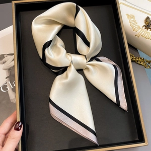 Plaid silk scarf in beige satin with black and pink stripes in a luxury gift box